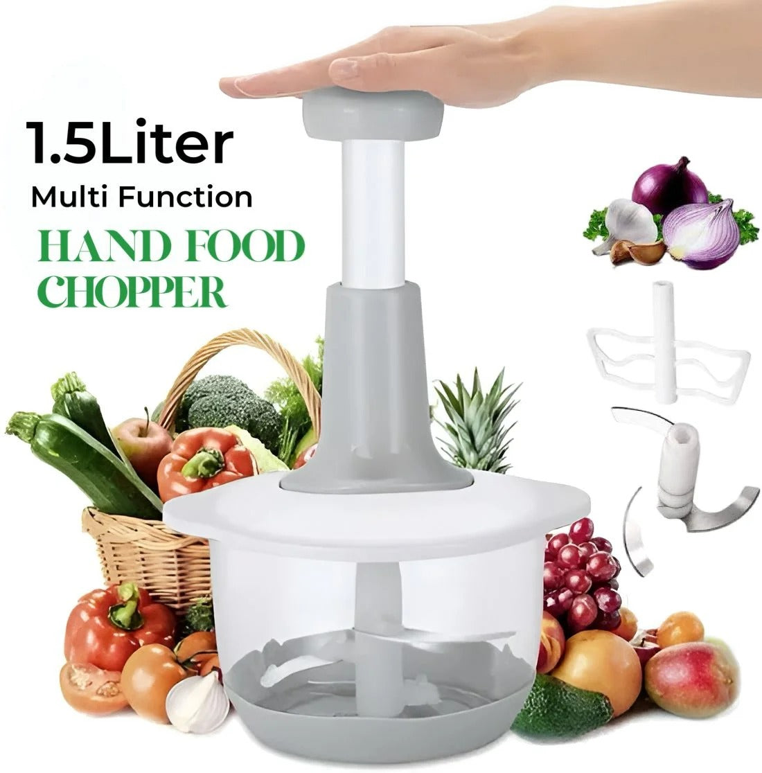 1.5L Manual Food Chopper – Speedy Hand Press Vegetable & Fruit Cutter