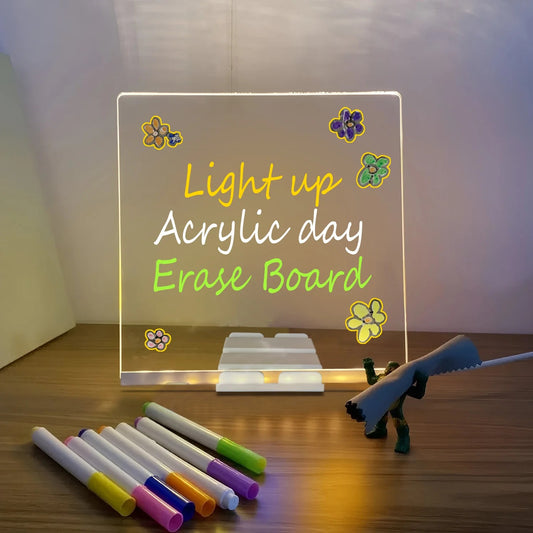 LED Light-Up Writing Board with Markers – Colorful DIY Acrylic Writing Pad with Stand & Erasable Pens for Kids, Decor & Notes