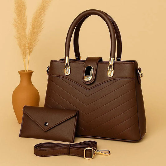 Brown Leather Girl's Hand Bag Set with Wallet and Strap