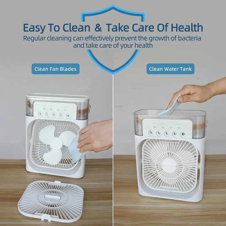 Raywa Summer Cooling Combo – Portable Air Cooler Fan & Rechargeable Leafless Neck Fan