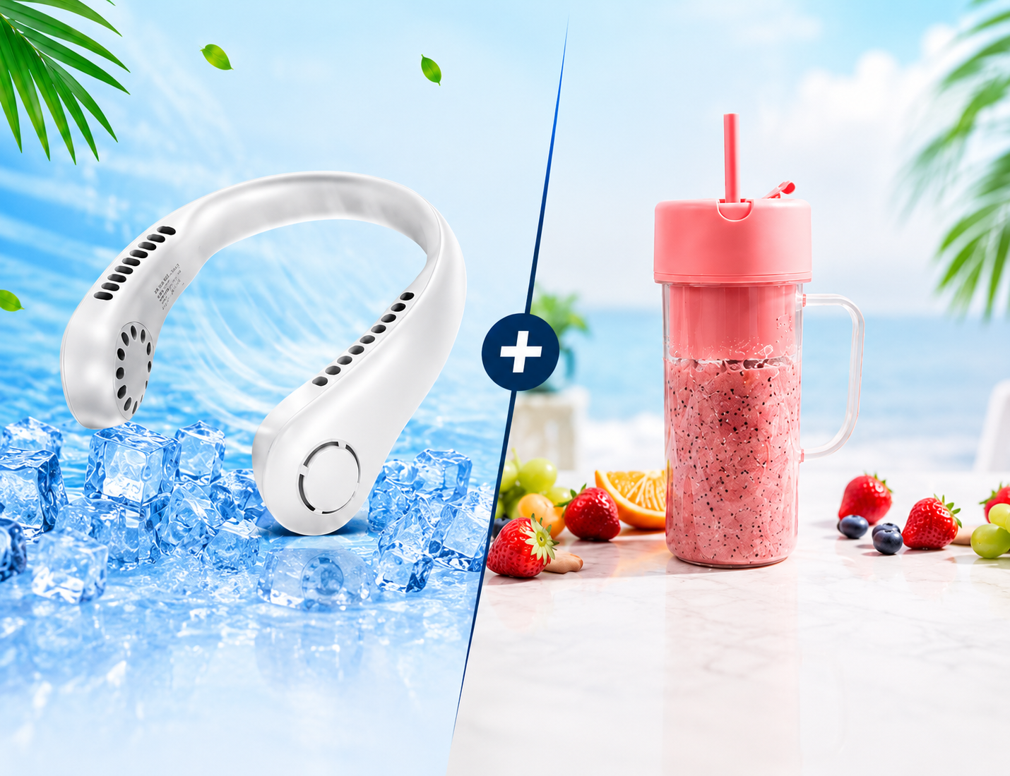 Raywa Summer Refresh Combo – Rechargeable Leafless Neck Fan & Portable Smoothie Blender
