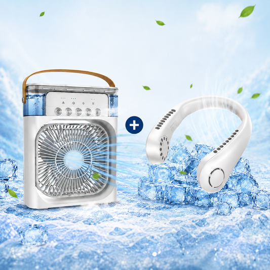 Raywa Summer Cooling Combo – Portable Air Cooler Fan & Rechargeable Leafless Neck Fan